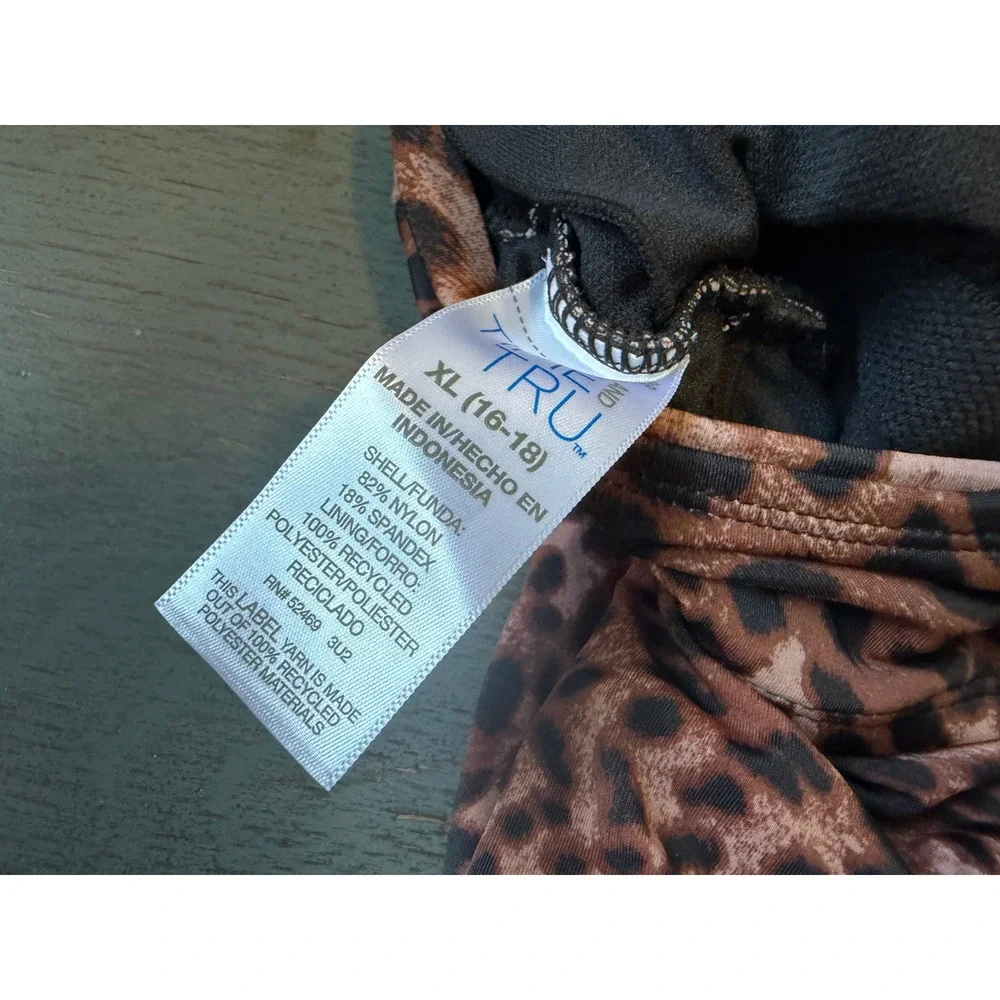 Time and Tru Womens XL 16-18 Leopard Print One Piece Swimsuit Ruched Ring Strap